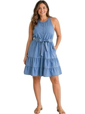 Torrid Chambray Denim Dress Size 0 Blue Sleeveless Tie Waist Lyocell Soft